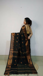 Exclusive Collection Beautiful Black Cotton Silk Woven Handloom Saree With Running Blouse Piece | Grocsy
