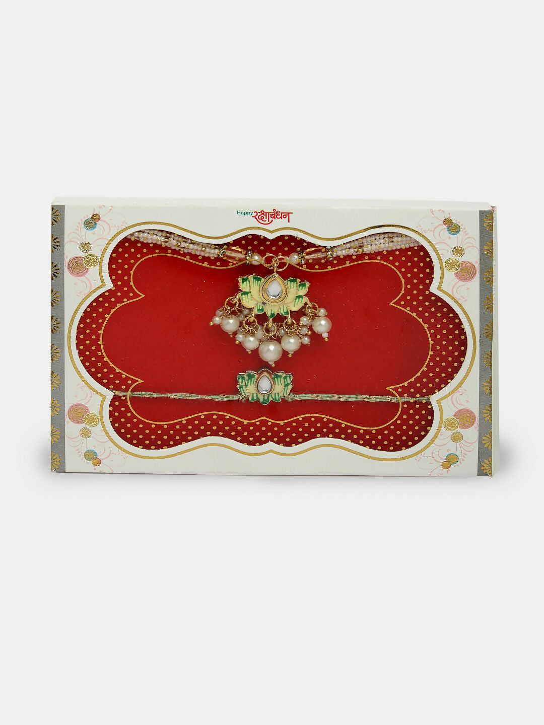 NVR Women & Men Set of 2 Green Lotus Shape Kundan-Studded & Beaded Handcrafted Wraparound Rakhi Set With Roli Chawal | Grocsy