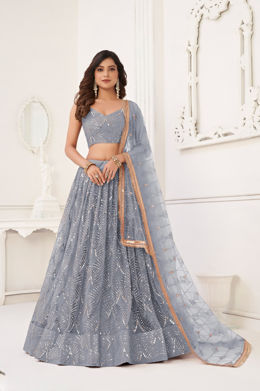 Eilara Glamorous Light Grey Net With Sequins And Thread Embroidery Real Mirror Work Lehenga Choli For Wedding | Grocsy