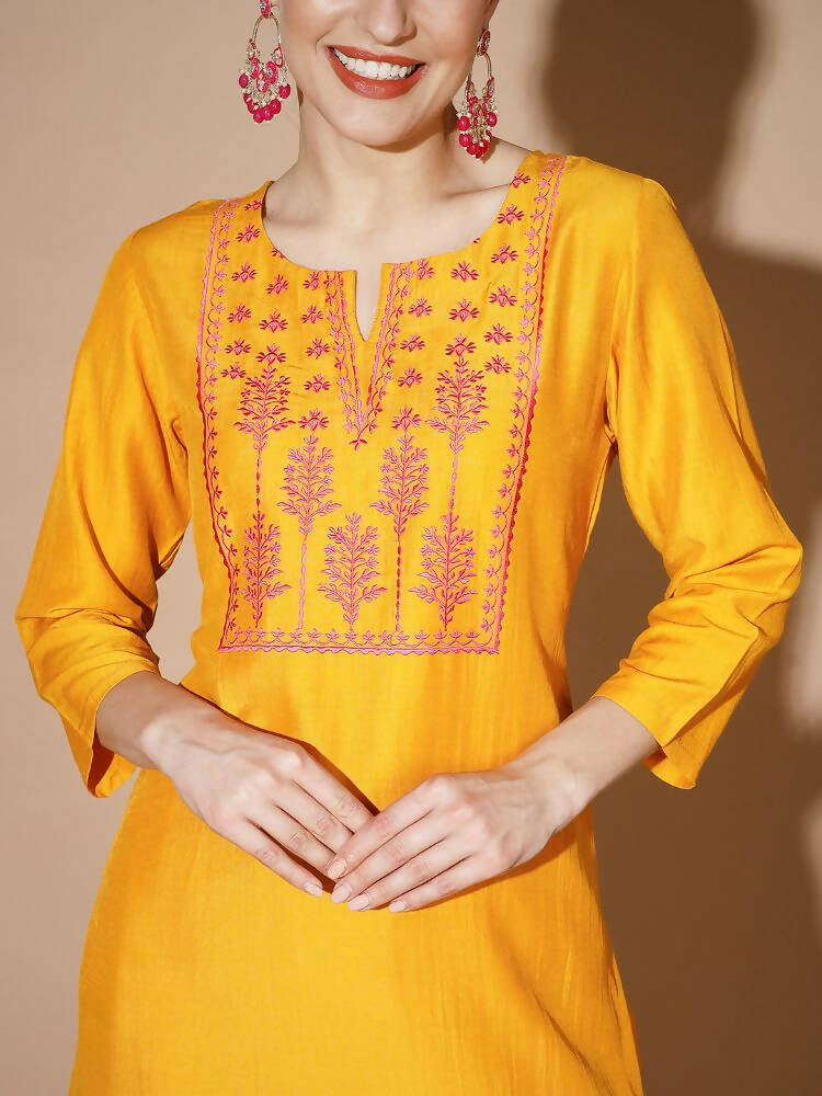 Myshka Women Mustard Solid Kurta & Palazzos With Dupatta | Grocsy