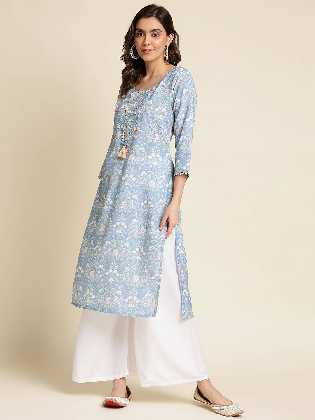 Blue Linen Floral Printed Straight Fit Kurta - Prasuti | Grocsy