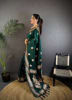 Joban Fashion Banarasi Deep Teal Woven Soft Silk Saree | Grocsy