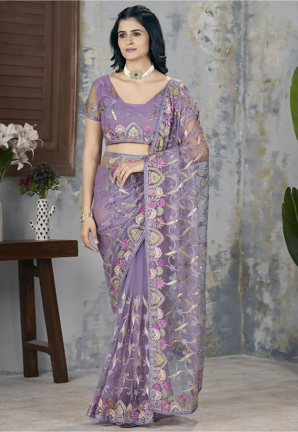 Vastranavya Soft Crush Georgette With Embroidery and Foil Multi Thread Work Saree - Lavender | Grocsy