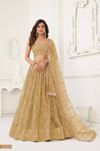 Eilara Beige Sequin Thread Embroidered Net Lehenga Set | Grocsy