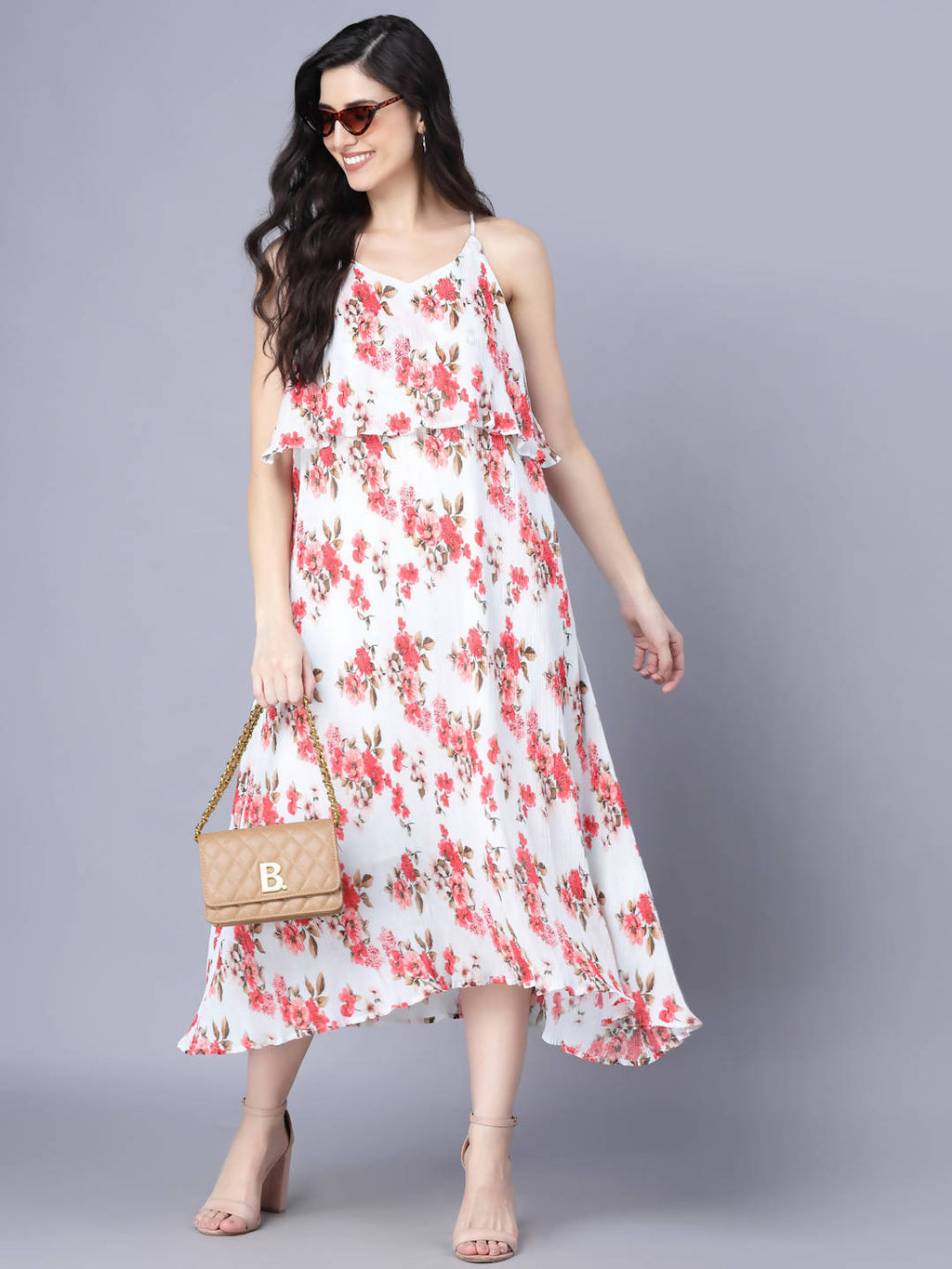 Myshka White Red Floral Layered Midi Dress | Grocsy