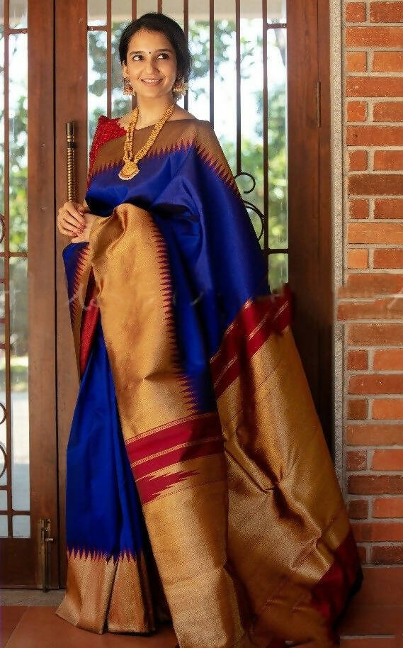 DEIANA'S Beautiful Designer Golden zari Soft Lichi Silk Saree - Blue | Grocsy