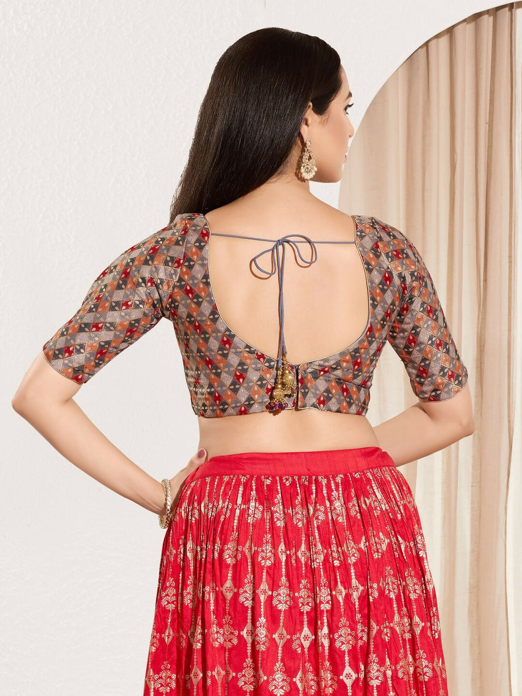 Joban Fashion Grey Jacquard Padded Blouse With Round Neck Elbow Sleeves | Grocsy