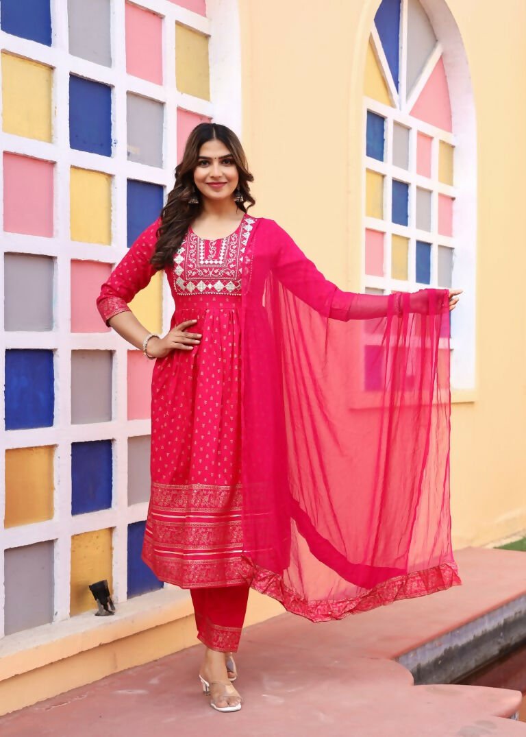 Alvano Women's A-line Naira Cut Embroidery work Print Kurti with Pant and Dupatta set Rayon (Red) | Grocsy