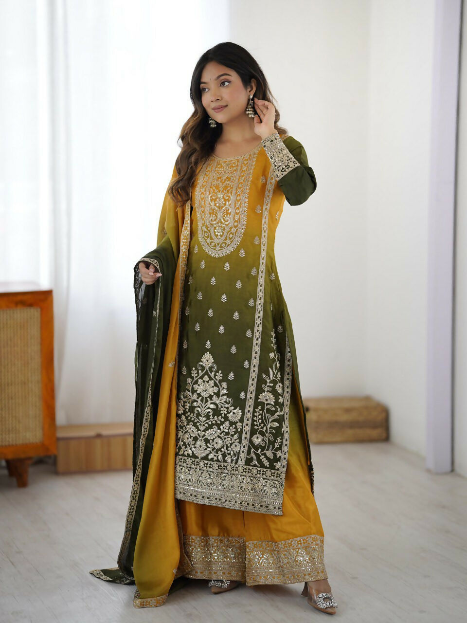 The52 Women's Gorgeous Chinon silk Fabric Embroidery Work Straight Kurta Palazzo and Dupatta Set | Grocsy