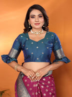 Elora Wine Soft Silk Butti Zari Weaving Contrast Weaving Border Banarasi Saree | Grocsy