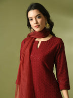 Myshka Women's Maroon Embroidered Cotton Straight Party Kurta Set With Dupatta | Grocsy