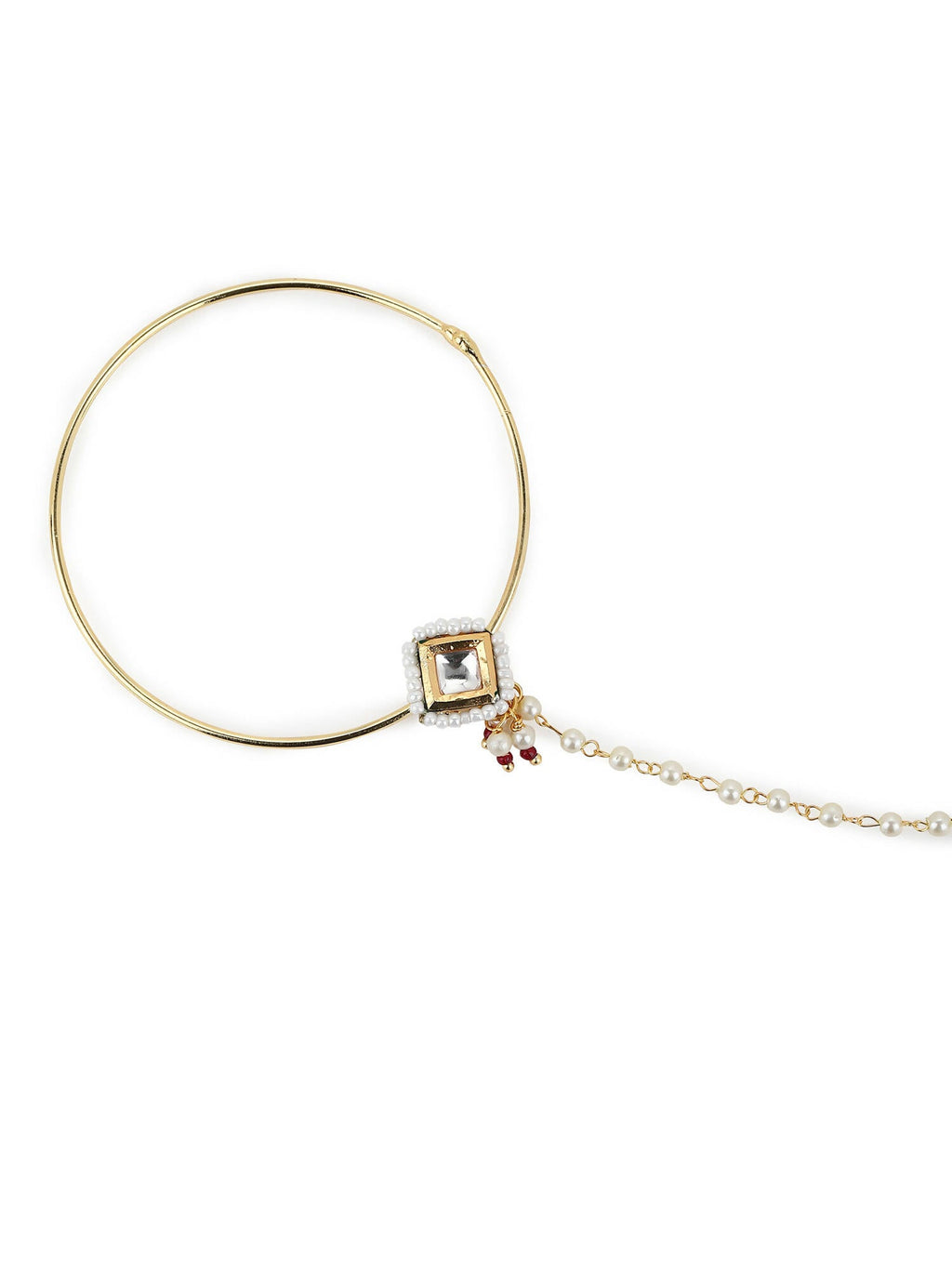 White Gold-Polished Kundan Studded Beaded Nosepin - Ruby Raang | Grocsy