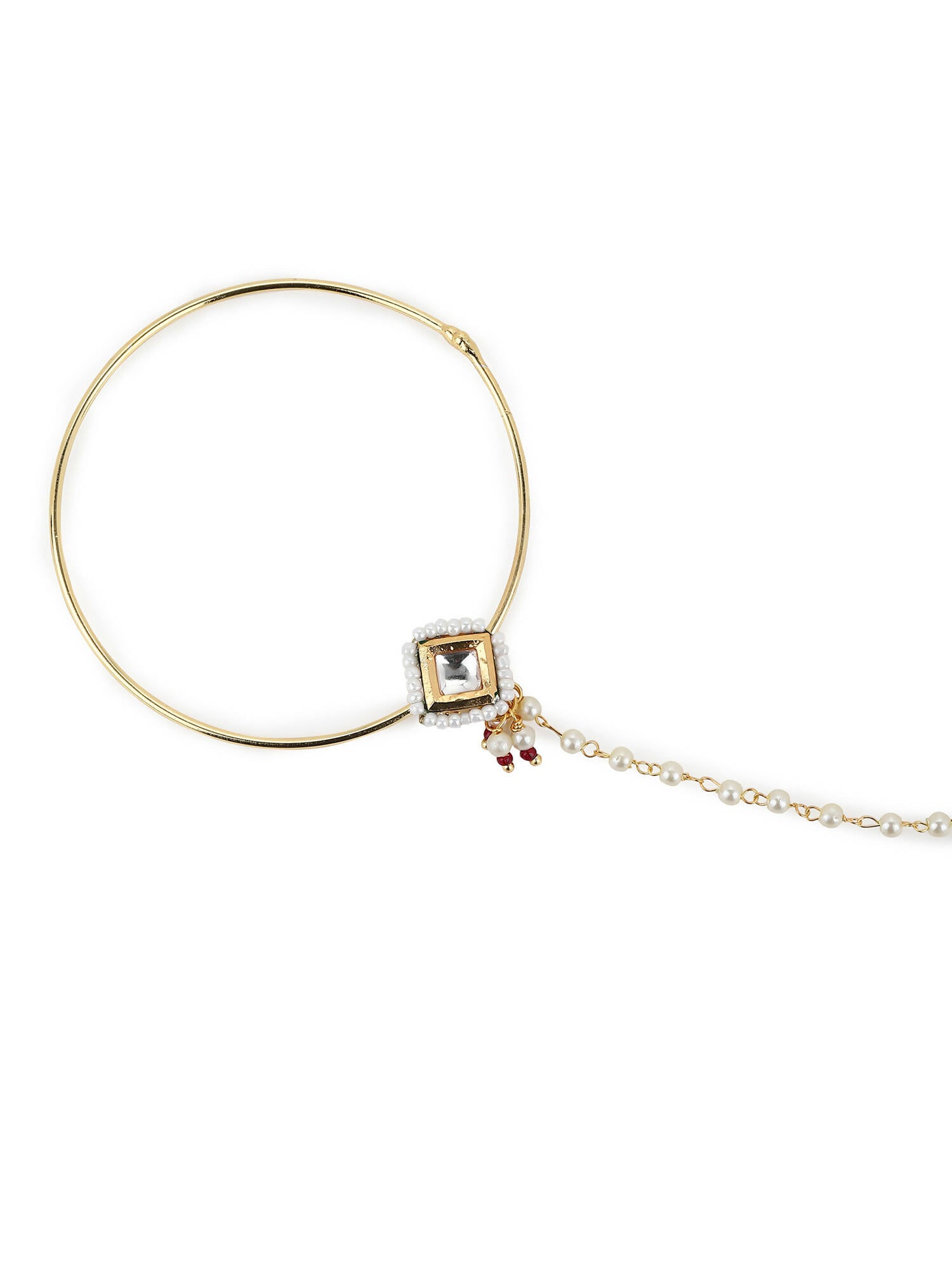 White Gold-Polished Kundan Studded Beaded Nosepin - Ruby Raang | Grocsy