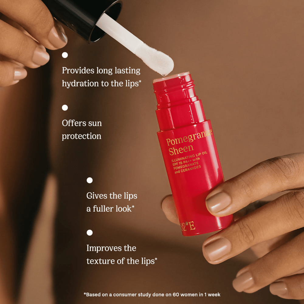 82°E By Deepika Padukone Pomegranate Sheen SPF 15 PA++ Illuminating Lip Oil with Pomegranate and Ceramides | Grocsy