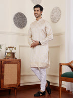 Off white Viscose Woven Jacquard Work Men's Rajwadi Kurta Set - Mahotsav | Grocsy