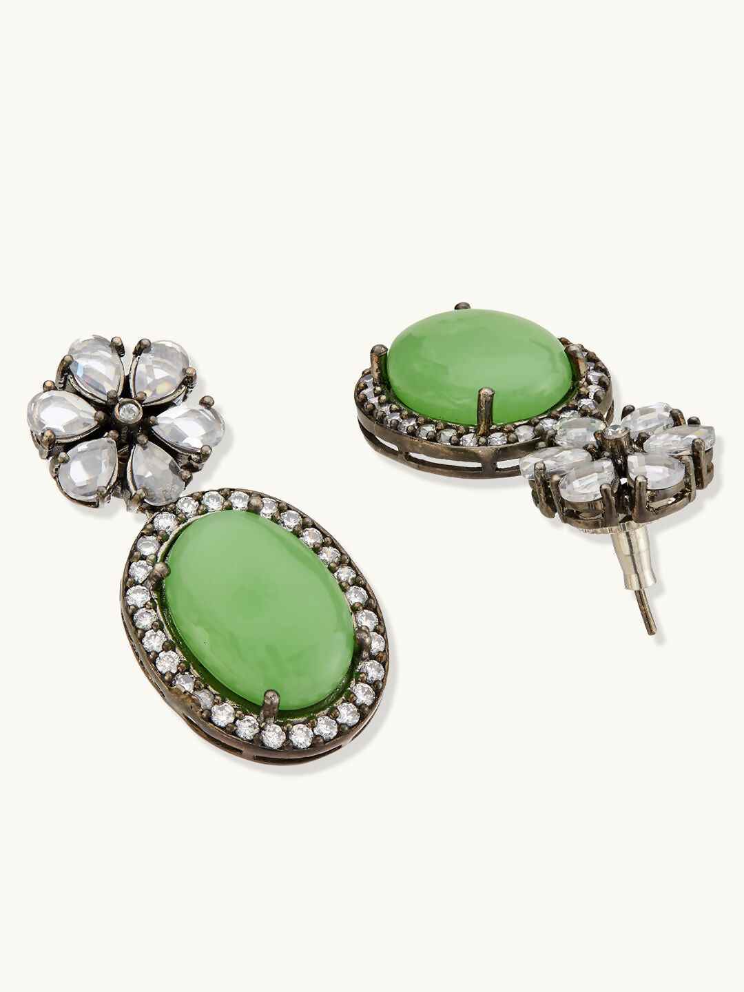 Nuyug Antique Silver Plated Crystal Studded Faux Jade Stones Embellished Necklace Set | Grocsy