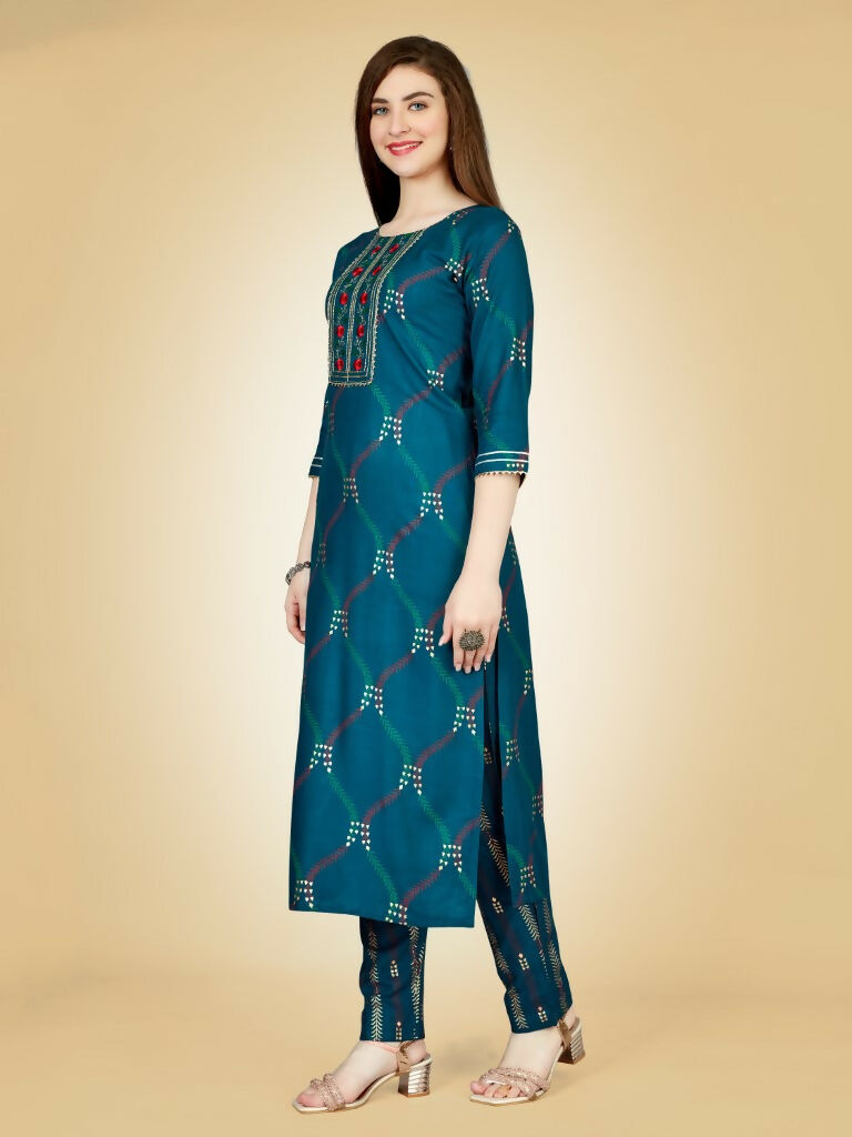 Jyoti Fashion Women's Teal Viscose Rayon Embroidered Kurta Pant Set | Grocsy