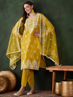 Sangria Mustard Yellow Floral Embroidered Thread Work Kurta & Trouser With Dupatta | Grocsy