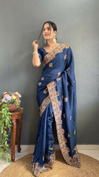 Vastranavya Blue Vichitra Silk Zari with Swarovski Work Ready to Wear Saree | Grocsy