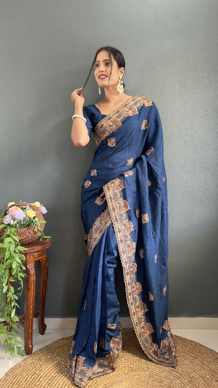 Vastranavya Blue Vichitra Silk Zari with Swarovski Work Ready to Wear Saree | Grocsy