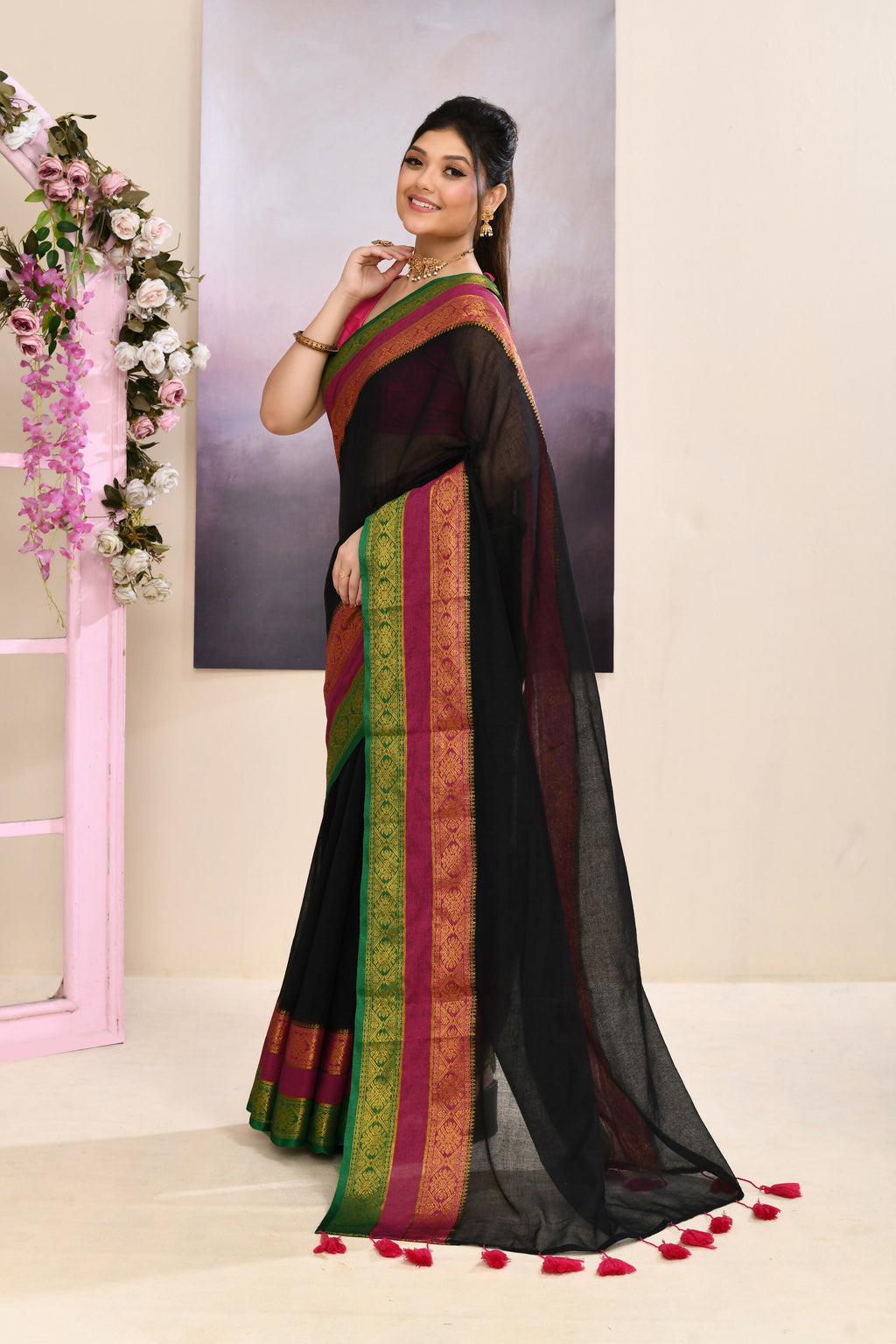 Piyari Fashion Women's Black Embellished Zari Border Cotton Saree | Grocsy