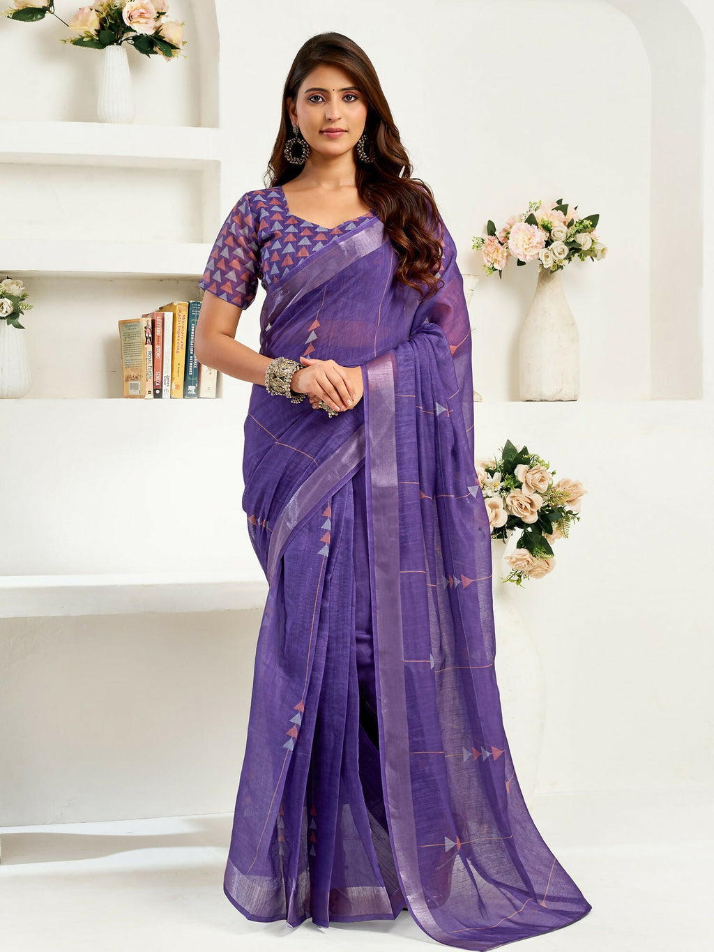 Joban Fashion Purple Geomatric Linen Ready To Wear Saree With Unstitched Blouse | Grocsy