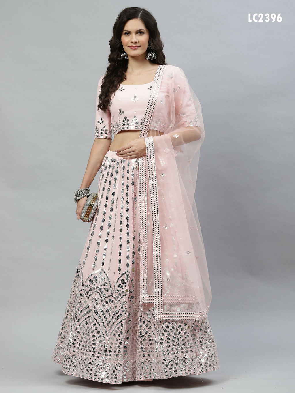 Pink Georgette Paper Mirror Embroidery Work Lehenga Choli with Dupatta - Jivika | Grocsy