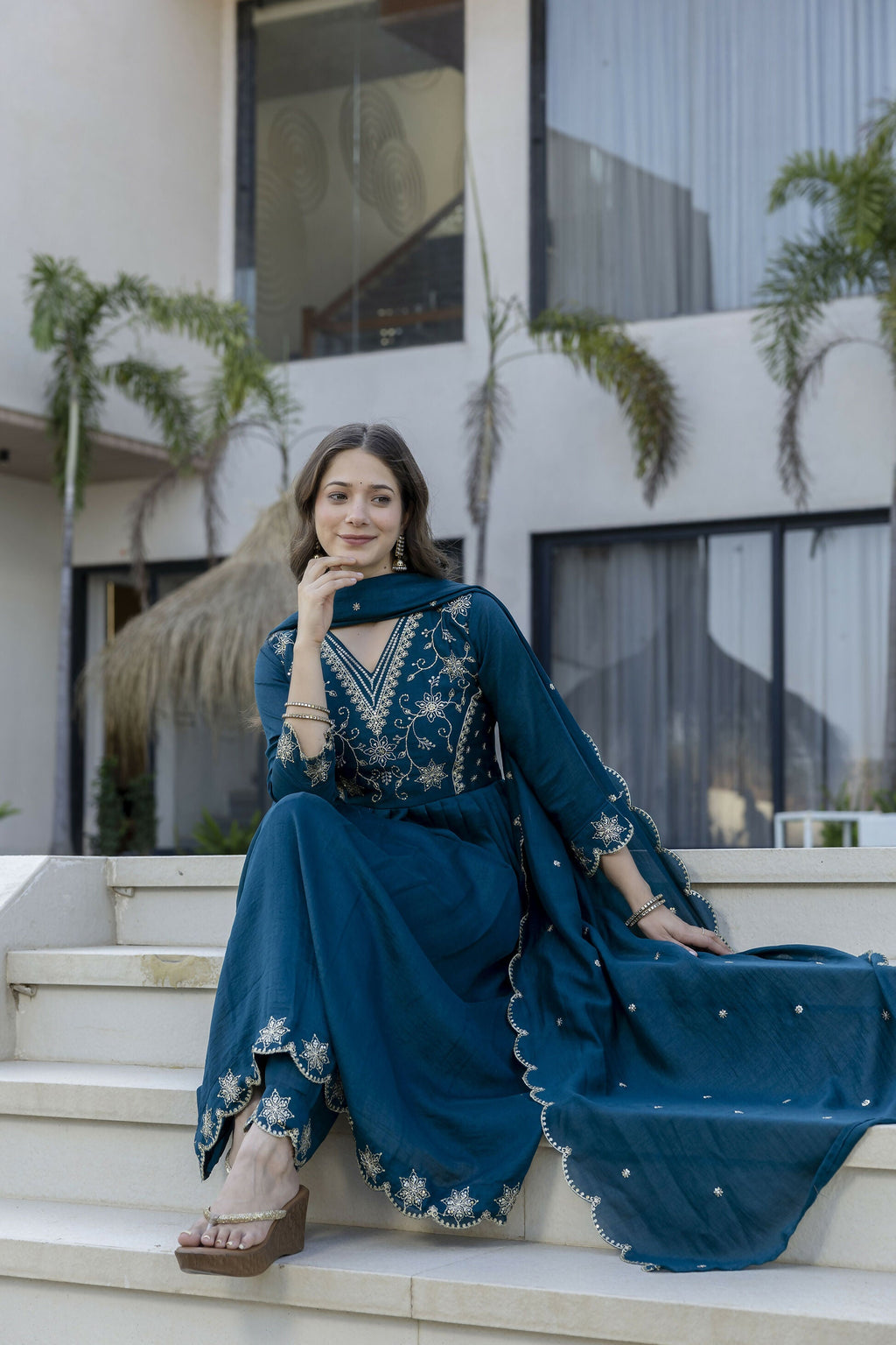 The52 Women's Beautiful Embroidery Work Vichitra Silk Fabric Flared Anarkali Pant and Dupatta Set | Grocsy