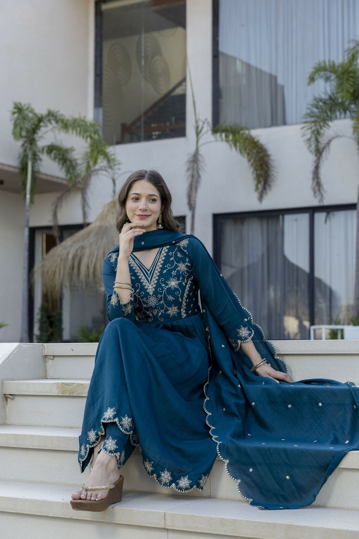The52 Women's Beautiful Embroidery Work Vichitra Silk Fabric Flared Anarkali Pant and Dupatta Set | Grocsy