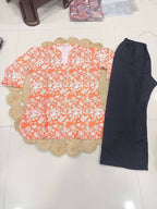 Teeya Creation Womens New Trendy Orange Floral Printed Short Kurti with Beige Palazzo Set | Grocsy