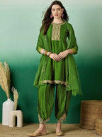 The52 Women's Beautiful Embroidery Work Vichitra Fabric A-line Kurta Pant and Dupatta Set | Grocsy