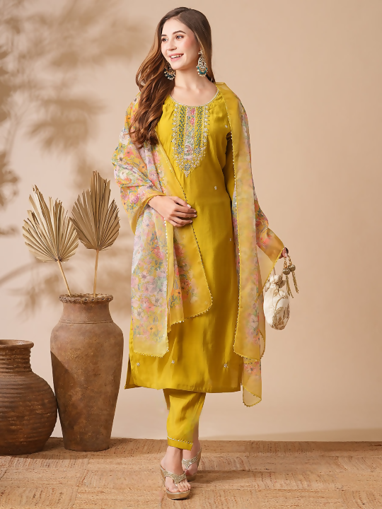 The52 Women's Beautiful Viscose Chanderi Fabric Embroidery Work Straight Kurta Pant and Dupatta Set | Grocsy