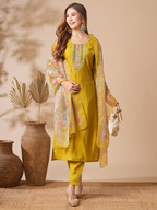 The52 Women's Beautiful Viscose Chanderi Fabric Embroidery Work Straight Kurta Pant and Dupatta Set | Grocsy