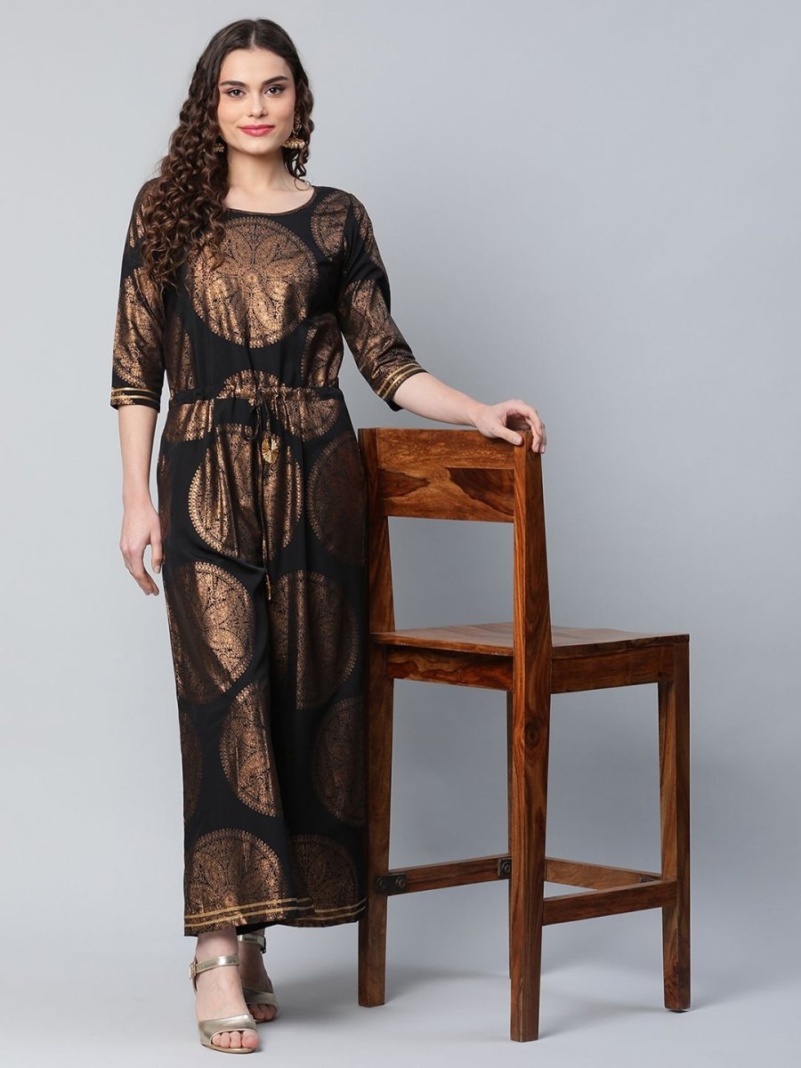 Ahalyaa Black Crepe Copper Foil Printed Jumpsuit | Grocsy