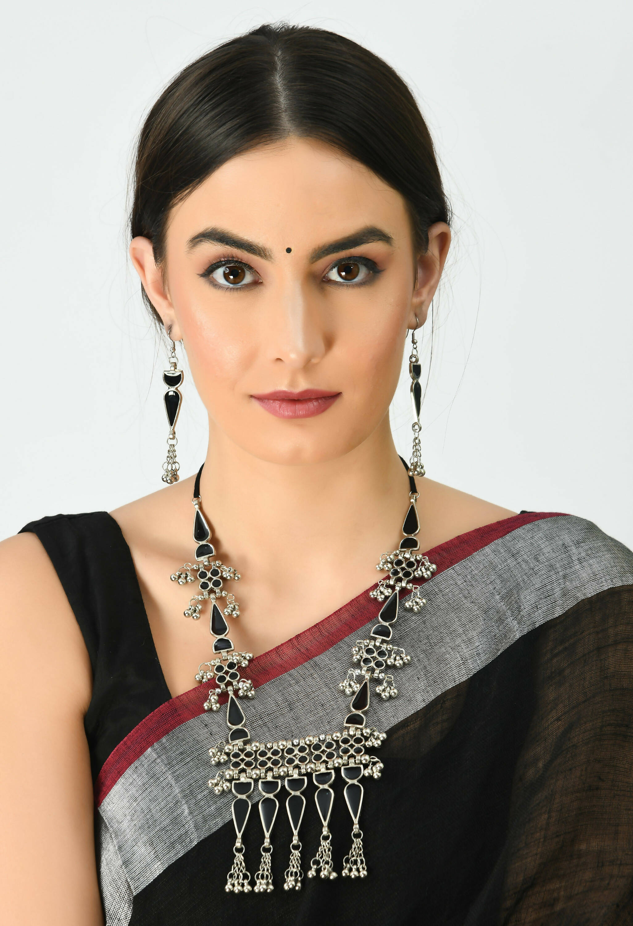Mominos Fashion Johar Kamal Oxidised Silver-Plated Meenakari Long Necklace Set