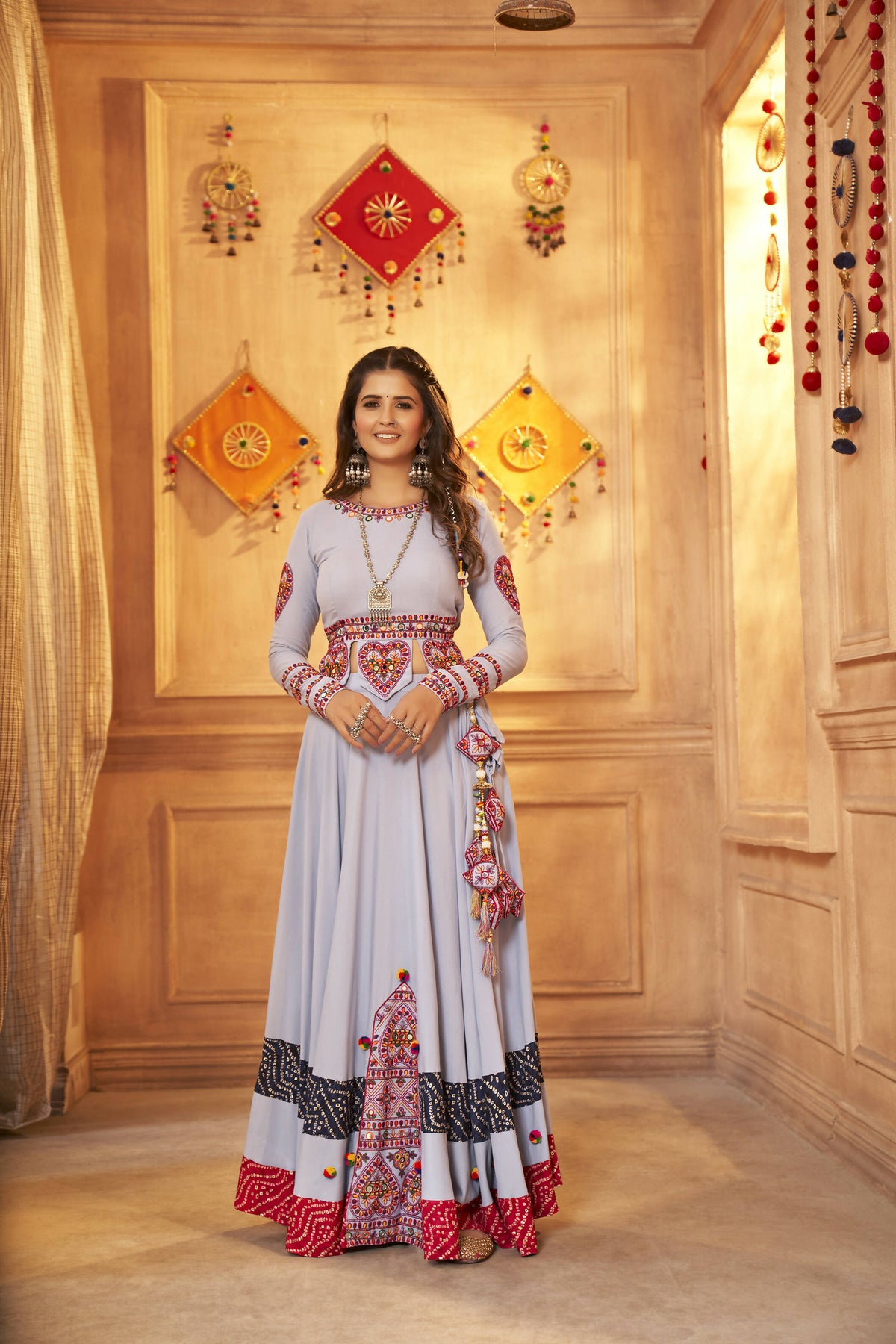Sky Viscose Rayon Thread Embroidered Work And Print With Mirror All Over Navratri Lehenga Choli - Raas | Grocsy