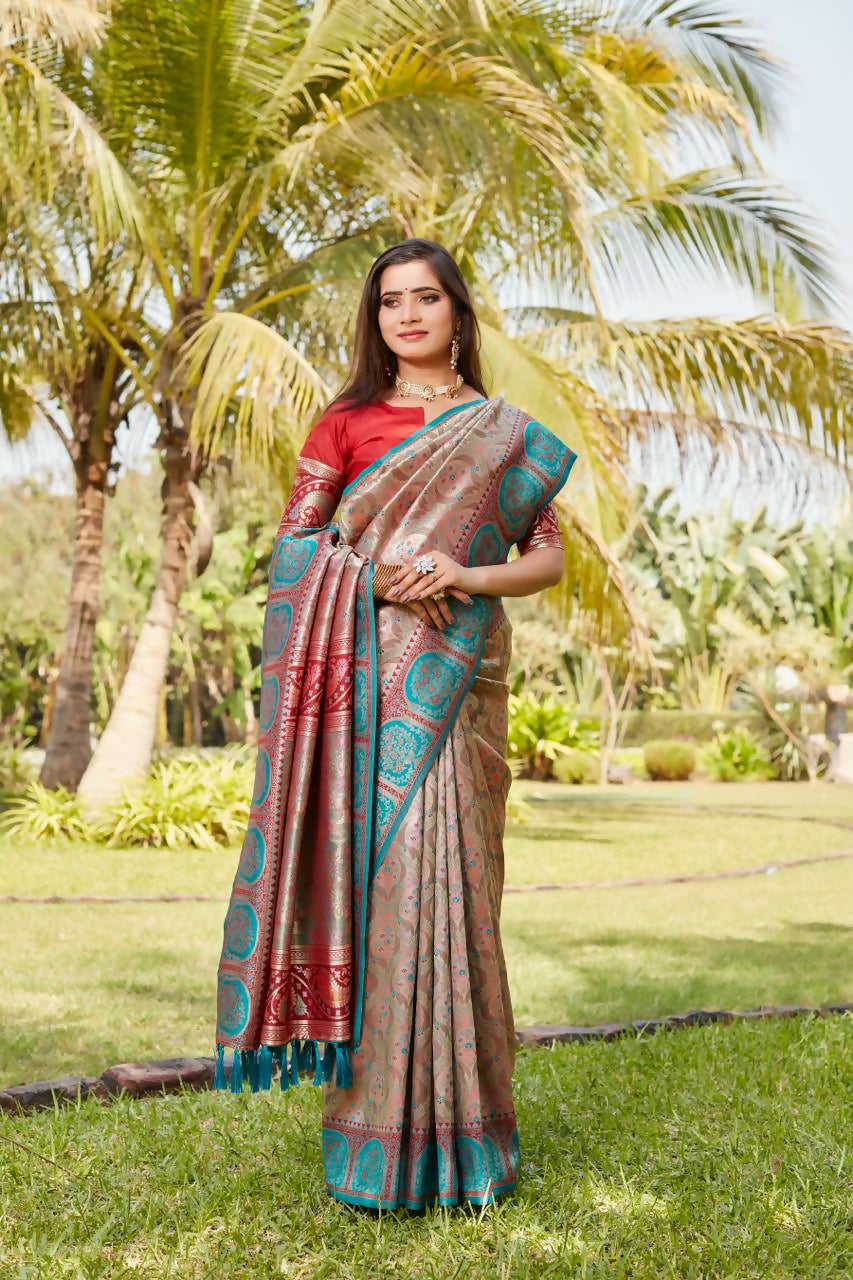 Vastranavya Boutique Collection Kanjivaram Soft Silk Saree With Unstitched Blouse - Peach | Grocsy