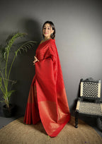 Joban Fashion Red Banarasi Soft Lichi Silk Checks & Woven Saree | Grocsy