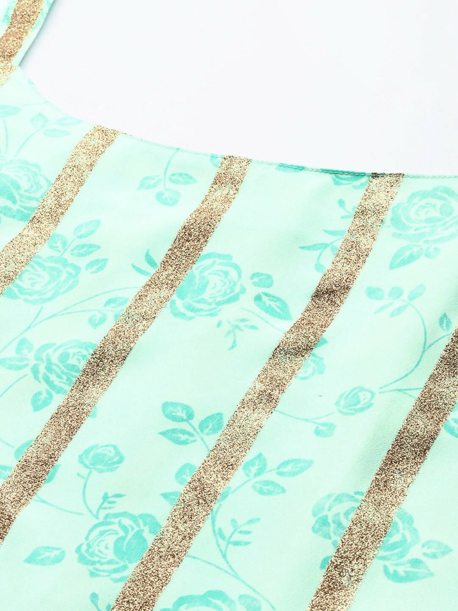 Ahalyaa Blue & Gold Floral Printed & Striped Straight Kurti with Sharara | Grocsy