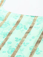 Ahalyaa Blue & Gold Floral Printed & Striped Straight Kurti with Sharara | Grocsy