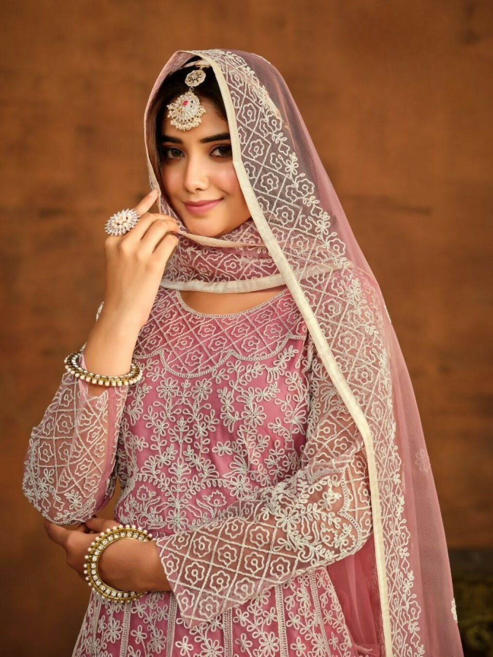Anaita Pink Embroidered Net Anarkali Suit | Grocsy