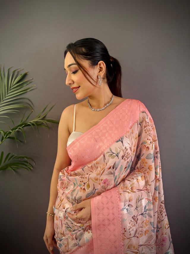 Elora Rose Pink Silk Floral Motifs Coppery Tone Contrast Floral Border Banarasi Saree | Grocsy