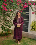 Joban Fashion Wine Georgette Embroidery Sequence Work Readymade Kurta Set | Grocsy
