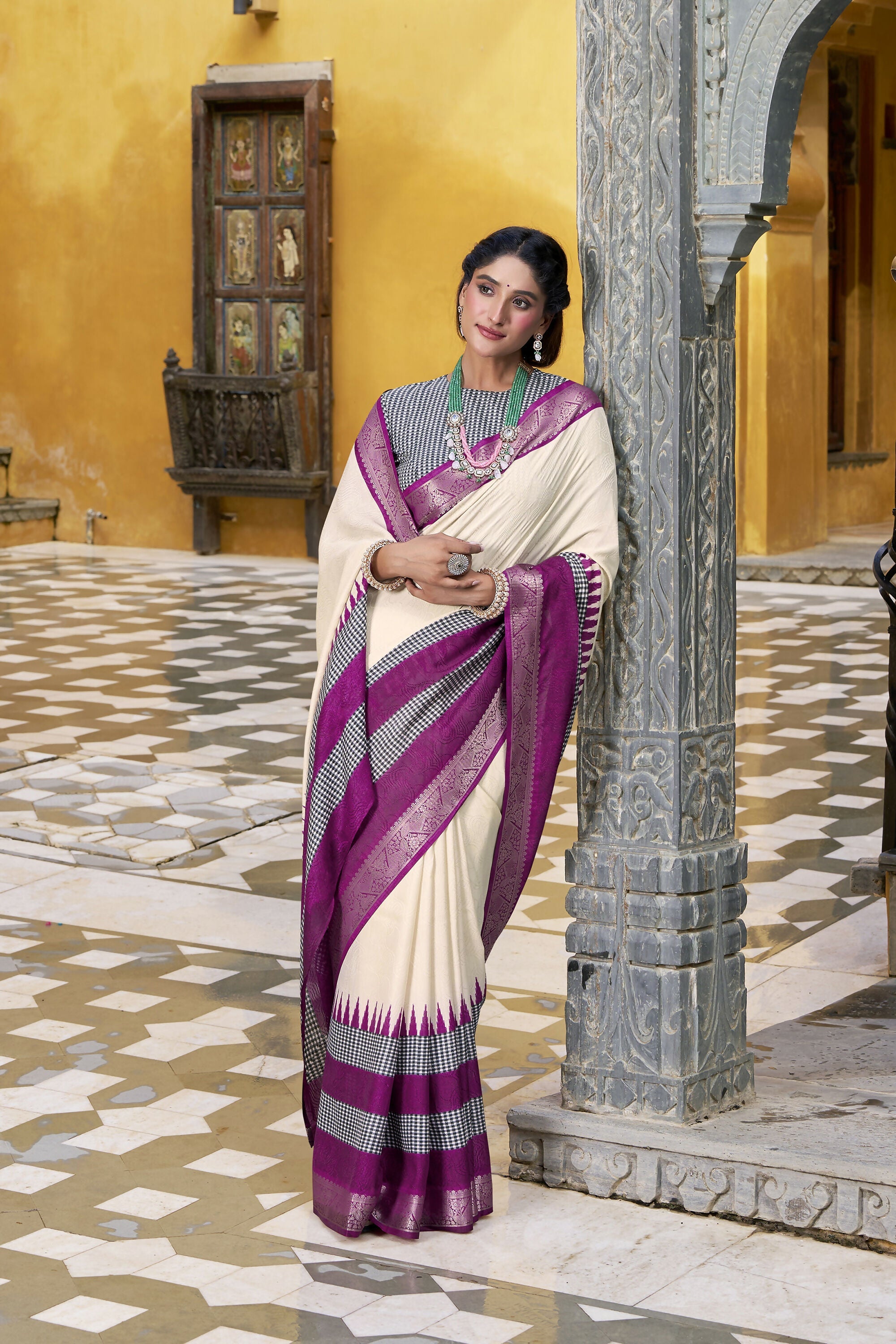 Vastranavya Off White Printed with Zari Weaving Work Poly Cotton Saree & Unstitched Blouse | Grocsy