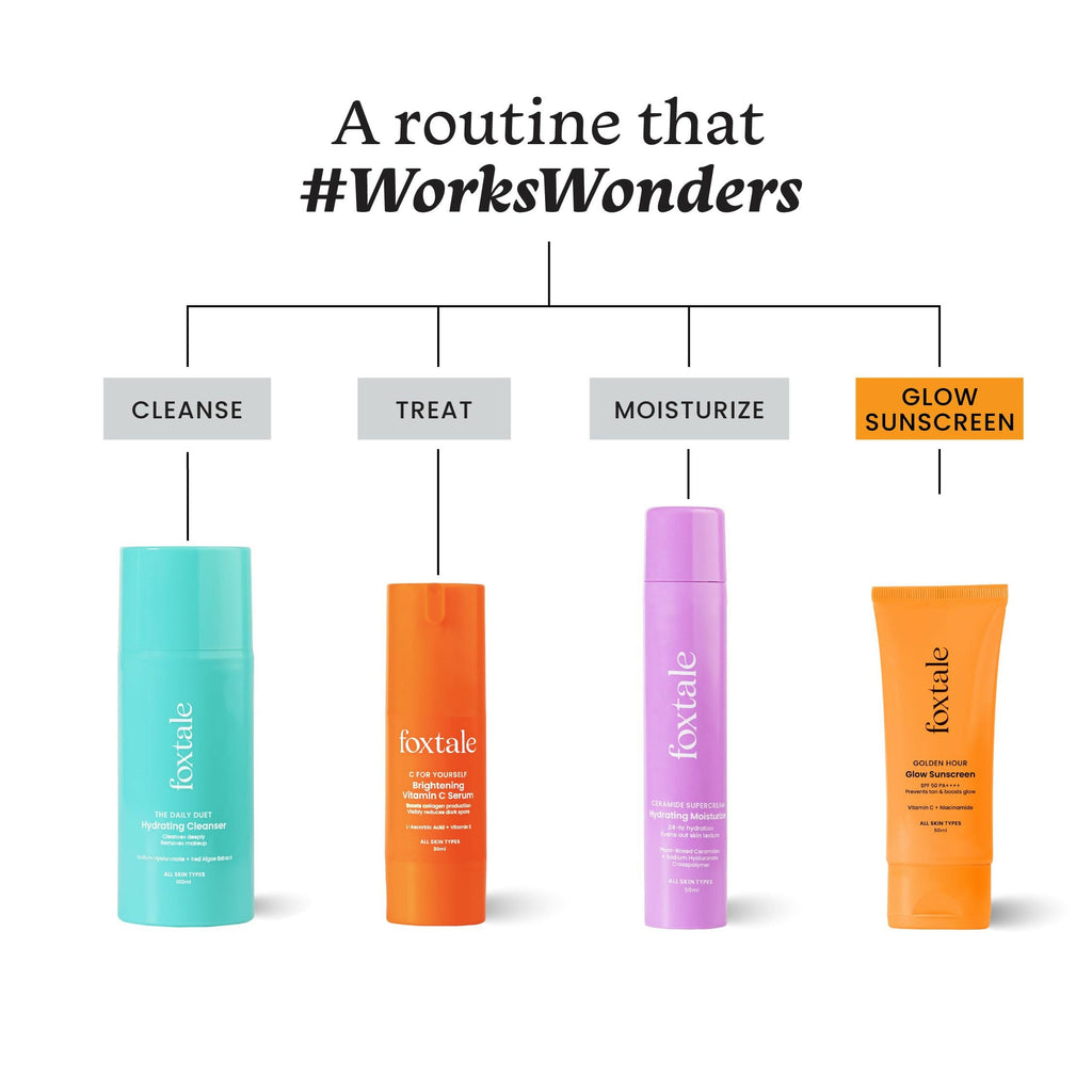 Foxtale Glow Sunscreen SPF 50 PA++++ Lightweight With Vitamin C And Niacinamide For a Dewy Glow, UVA And UVB Filters Prevents Tan | Grocsy
