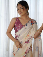 PR Fashion Cream Georgette Digital Print With Mirror Work Saree | Grocsy