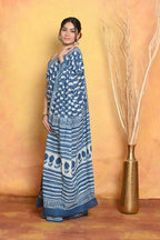 Very Much Indian Handblock Printed Cotton Saree With Natural Dyes - Blue | Grocsy