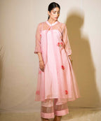 Timaraa Hand-Painted Rose Pink Organza Kurta Set With Lotus Motifs | Grocsy