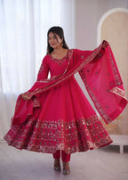Teeya Creation Pink Roman Silk Embroidery Work Party Wear long Gown | Grocsy