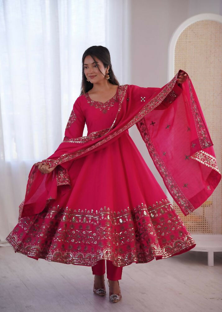 Teeya Creation Pink Roman Silk Embroidery Work Party Wear long Gown | Grocsy